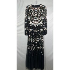 NWT Mac Duggal [‎ 2 ] 35111 Floral Embroidered Blouson Sleeve Gown Black #S2010